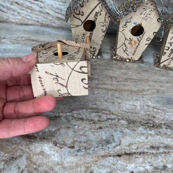 Set Of 8 Miniature Decorative Glitter Birdhouse Ornaments Printed Fabric - Picture 8 of 10